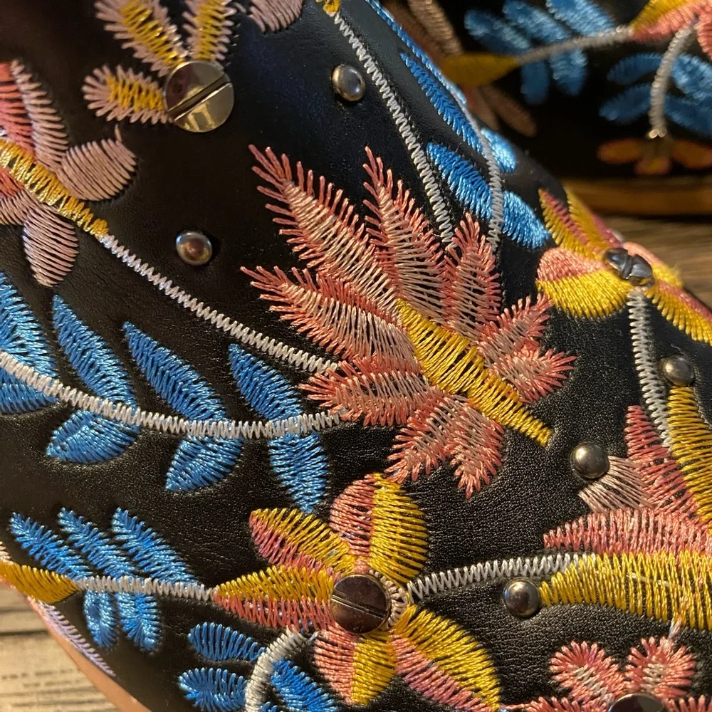 Floral Embroidered Black Ankle Boots - Picture 5 of 6